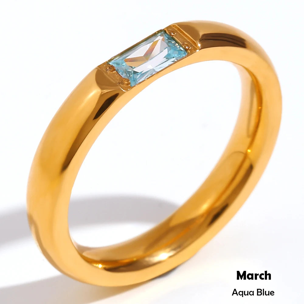 18K Gold Plated Shiny 12 Colors Birthstone Ring Stainless Steel Gold Plated Zircon Rings Zodiac Constellationfor Women
