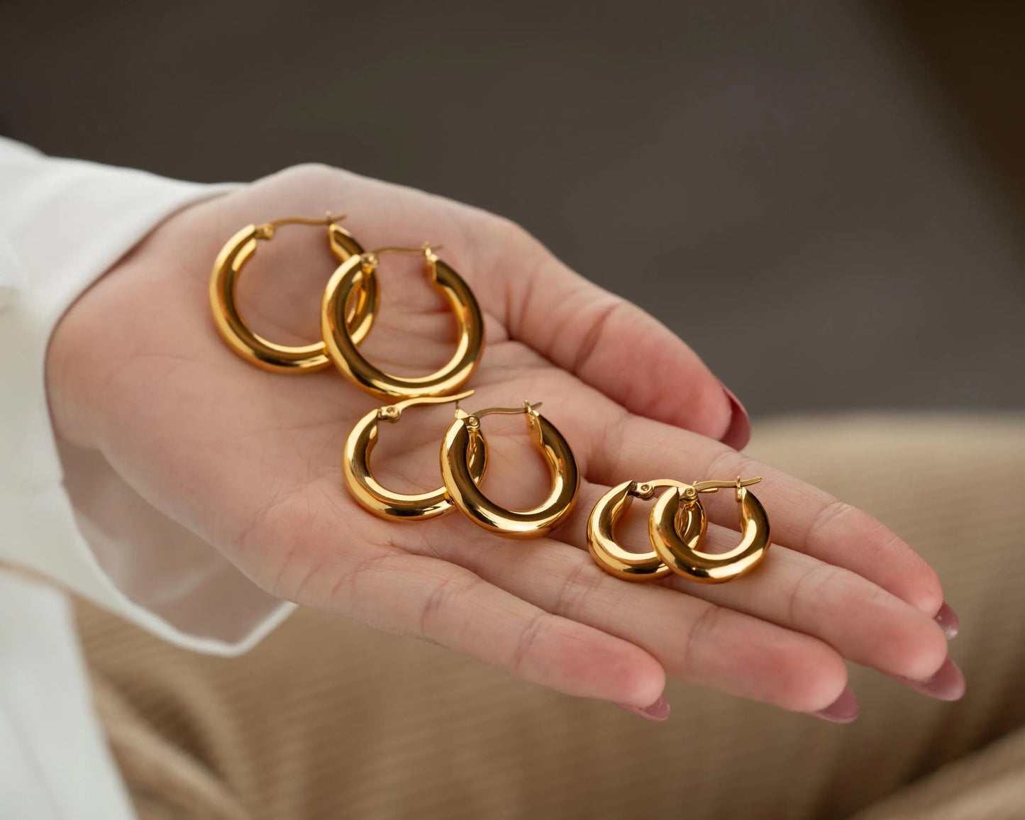 18K Gold Hoops Earrings, Handmade Earrings for Her anti Tarnish Hoop Earrings Thick Huggie Earrings Waterproof Hypoallergenic Steel Earrings