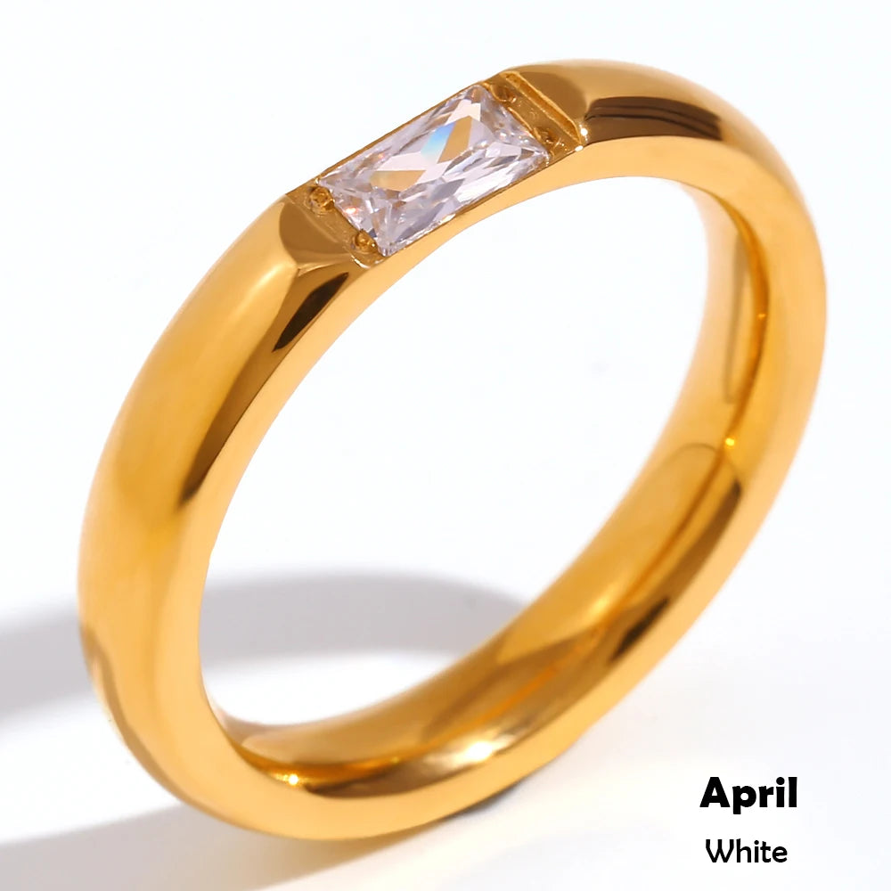 18K Gold Plated Shiny 12 Colors Birthstone Ring Stainless Steel Gold Plated Zircon Rings Zodiac Constellationfor Women