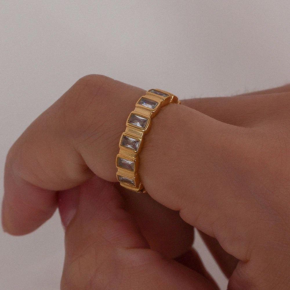 Small Square CZ Stone Index Finger Ring Stainless Steel 18K Gold Plated Minimalist Gold Zircon Rings for Women Unisex