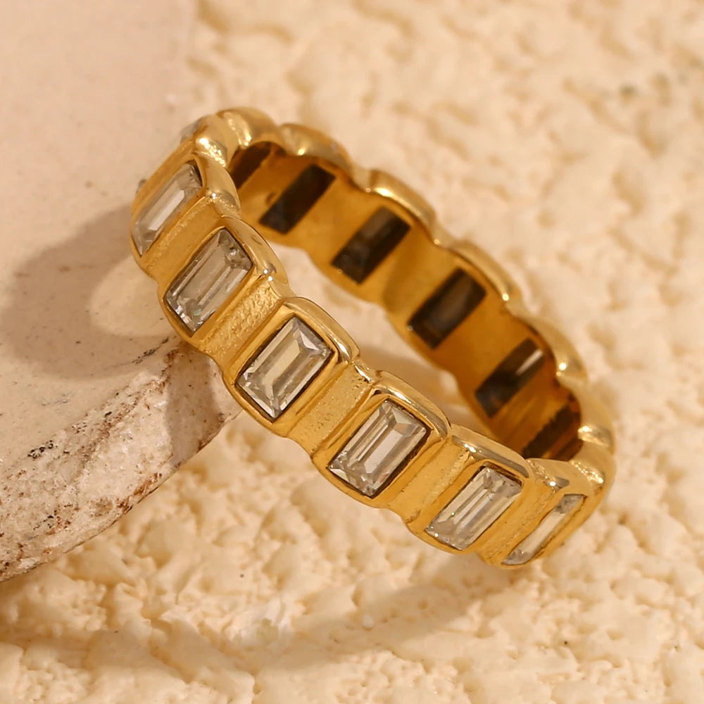 Small Square CZ Stone Index Finger Ring Stainless Steel 18K Gold Plated Minimalist Gold Zircon Rings for Women Unisex