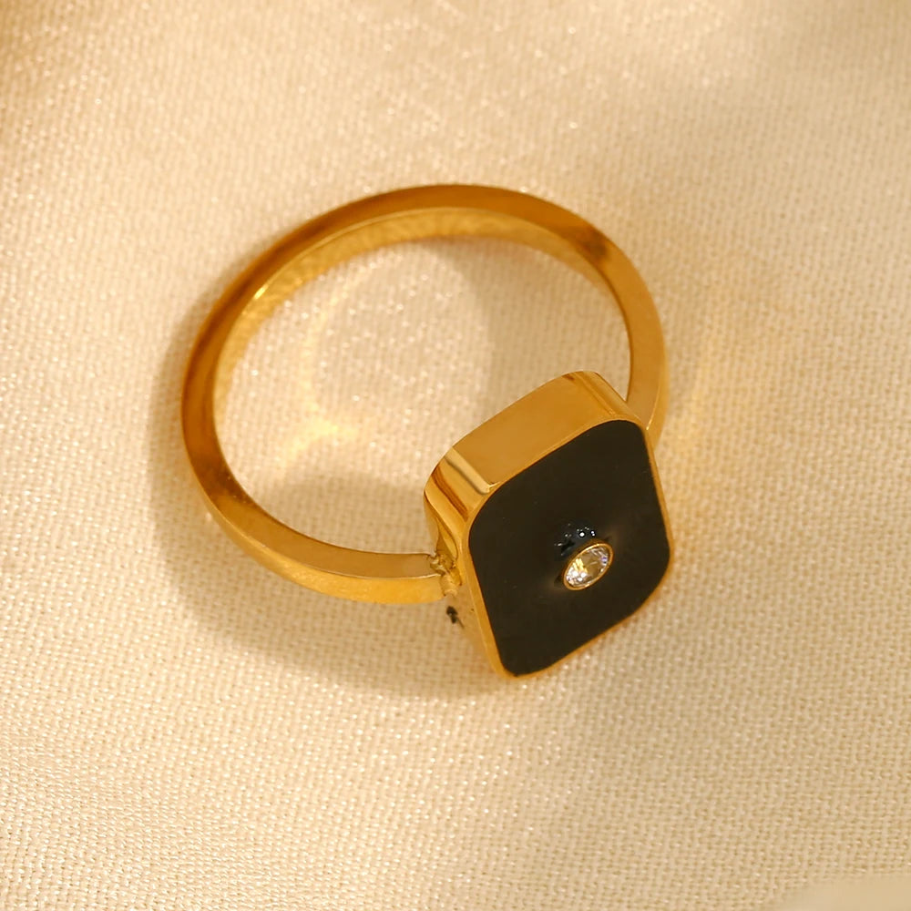New Black Enamel Square CZ Stone Ring Stainless Steel 18K Gold Plated Ladies Vintage Geometric Rings for Female