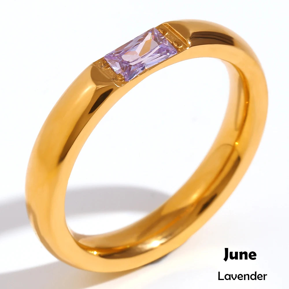 18K Gold Plated Shiny 12 Colors Birthstone Ring Stainless Steel Gold Plated Zircon Rings Zodiac Constellationfor Women