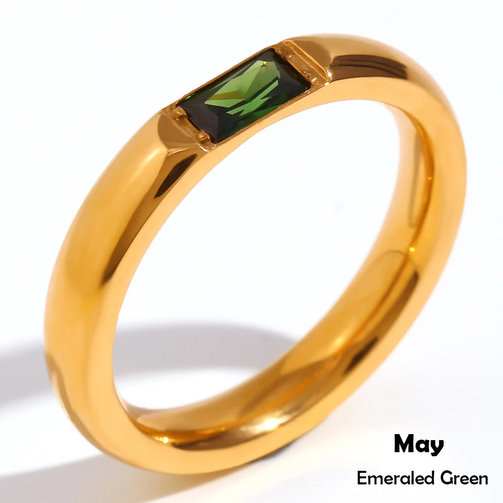 18K Gold Plated Shiny 12 Colors Birthstone Ring Stainless Steel Gold Plated Zircon Rings Zodiac Constellationfor Women