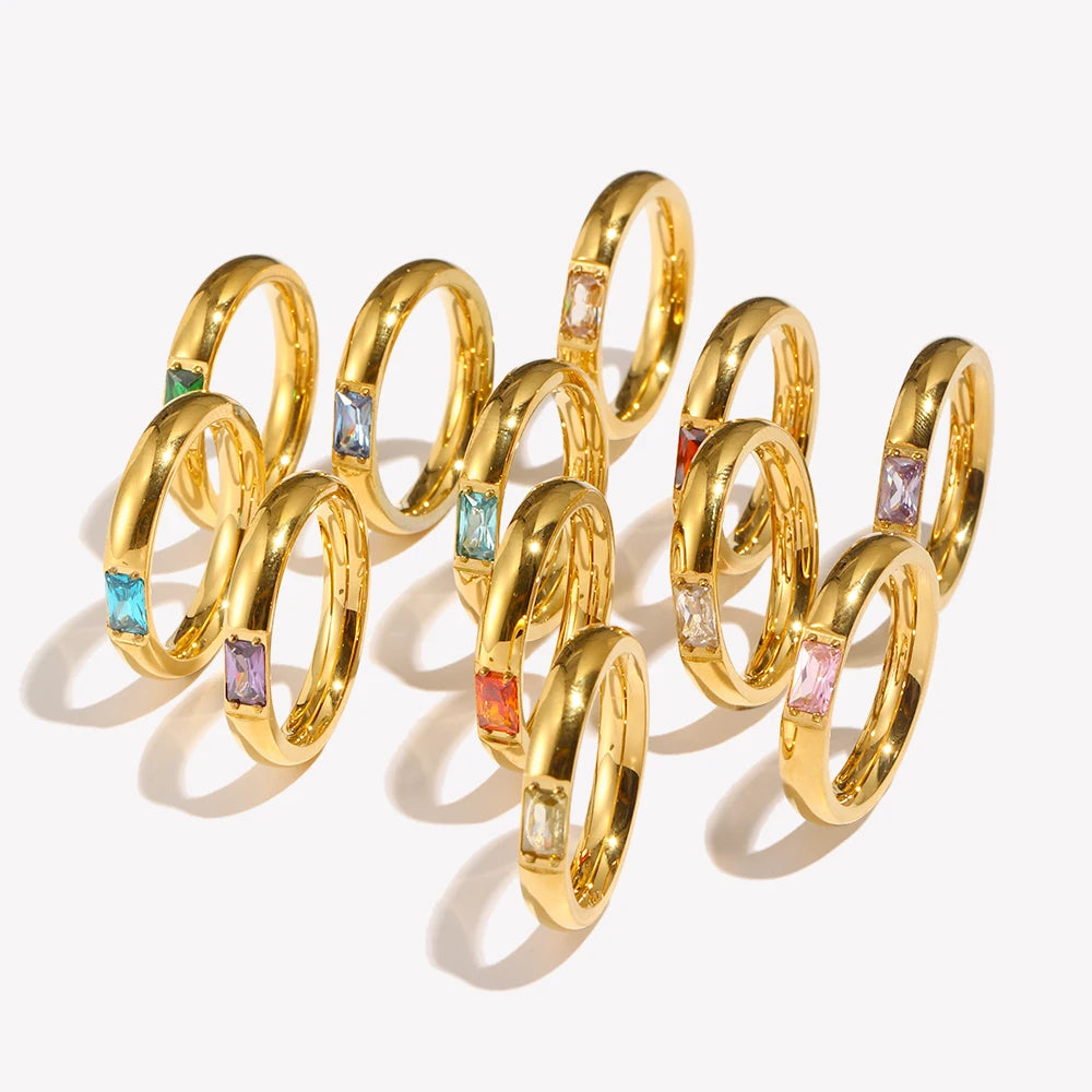 18K Gold Plated Shiny 12 Colors Birthstone Ring Stainless Steel Gold Plated Zircon Rings Zodiac Constellationfor Women