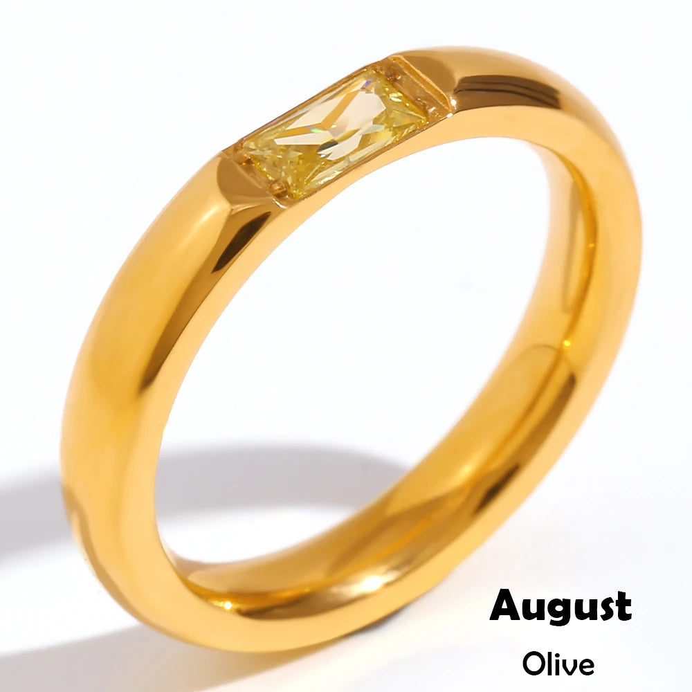 18K Gold Plated Shiny 12 Colors Birthstone Ring Stainless Steel Gold Plated Zircon Rings Zodiac Constellationfor Women