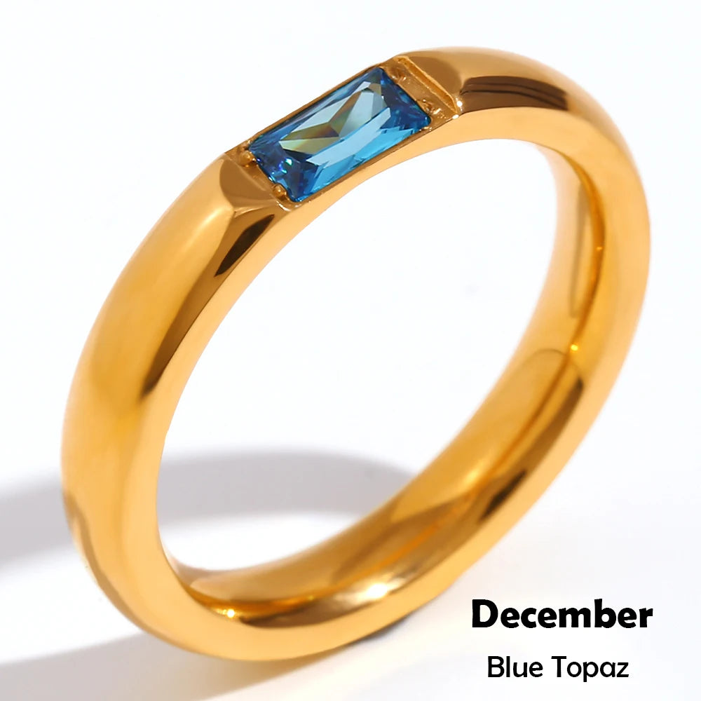 18K Gold Plated Shiny 12 Colors Birthstone Ring Stainless Steel Gold Plated Zircon Rings Zodiac Constellationfor Women