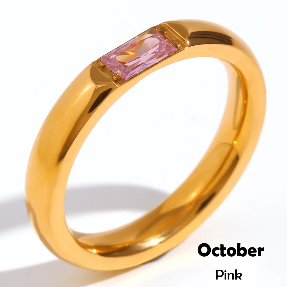 18K Gold Plated Shiny 12 Colors Birthstone Ring Stainless Steel Gold Plated Zircon Rings Zodiac Constellationfor Women