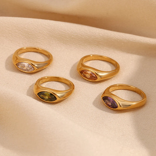 Horse Eye Zircon Seal Ring Colorful Hypoallergenic 316L Stainless Steel Decoration 18K Gold Plated Jewelry