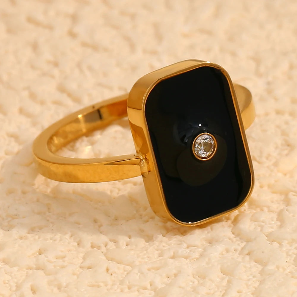 New Black Enamel Square CZ Stone Ring Stainless Steel 18K Gold Plated Ladies Vintage Geometric Rings for Female