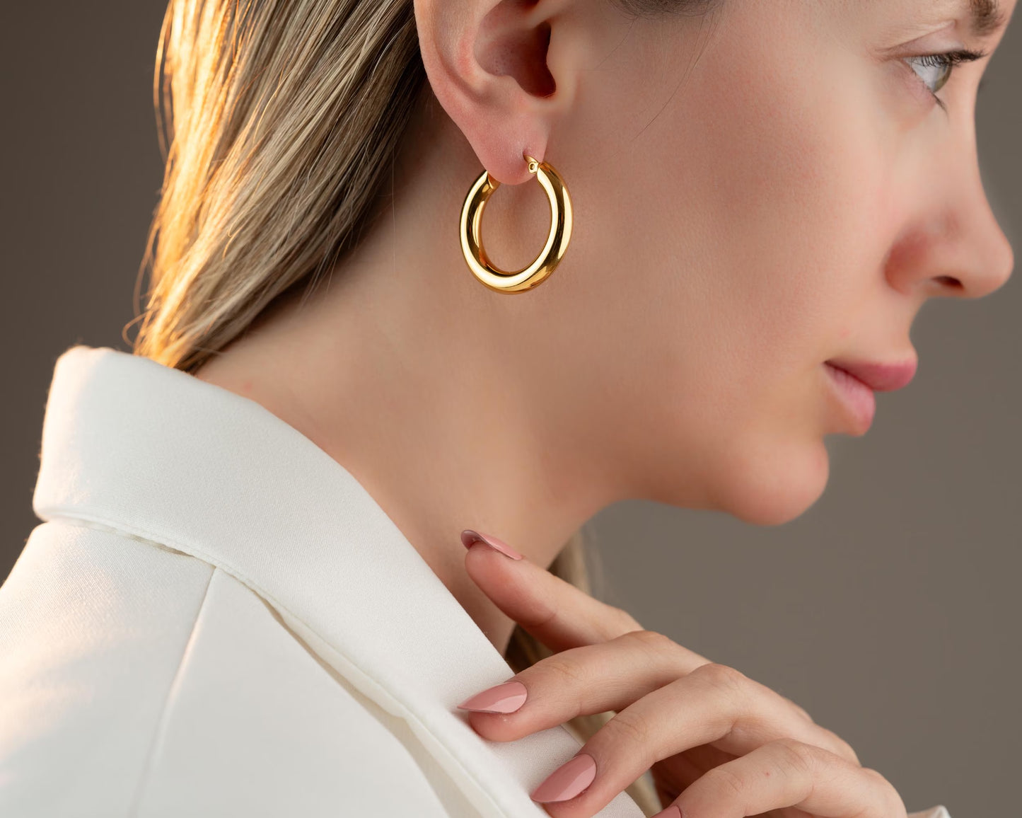 18K Gold Hoops Earrings, Handmade Earrings for Her anti Tarnish Hoop Earrings Thick Huggie Earrings Waterproof Hypoallergenic Steel Earrings