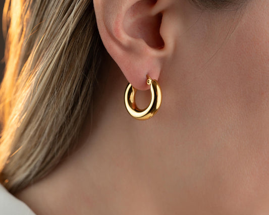 18K Gold Hoops Earrings, Handmade Earrings for Her anti Tarnish Hoop Earrings Thick Huggie Earrings Waterproof Hypoallergenic Steel Earrings