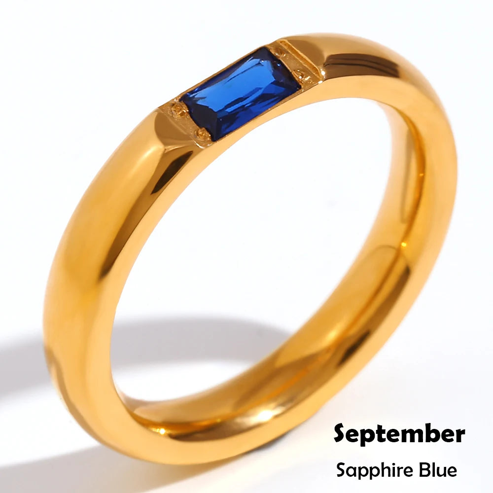 18K Gold Plated Shiny 12 Colors Birthstone Ring Stainless Steel Gold Plated Zircon Rings Zodiac Constellationfor Women