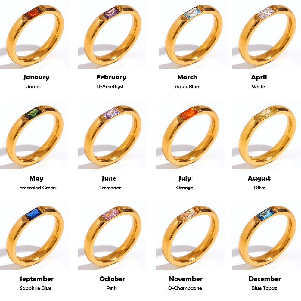 18K Gold Plated Shiny 12 Colors Birthstone Ring Stainless Steel Gold Plated Zircon Rings Zodiac Constellationfor Women