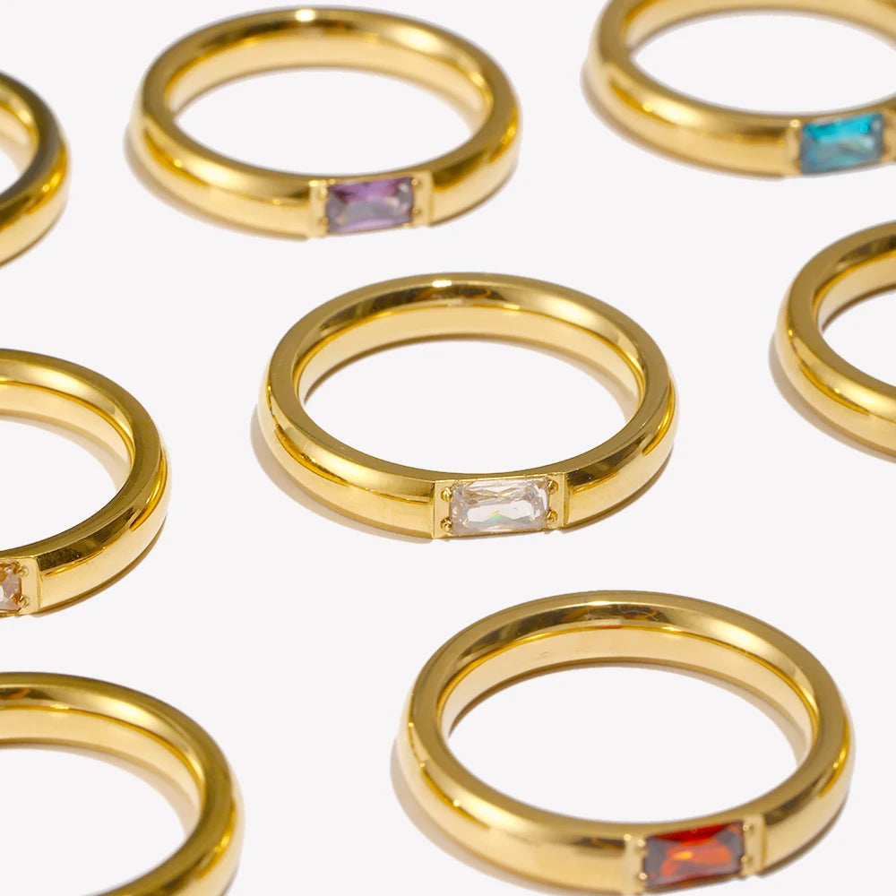18K Gold Plated Shiny 12 Colors Birthstone Ring Stainless Steel Gold Plated Zircon Rings Zodiac Constellationfor Women