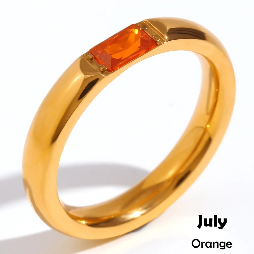 18K Gold Plated Shiny 12 Colors Birthstone Ring Stainless Steel Gold Plated Zircon Rings Zodiac Constellationfor Women